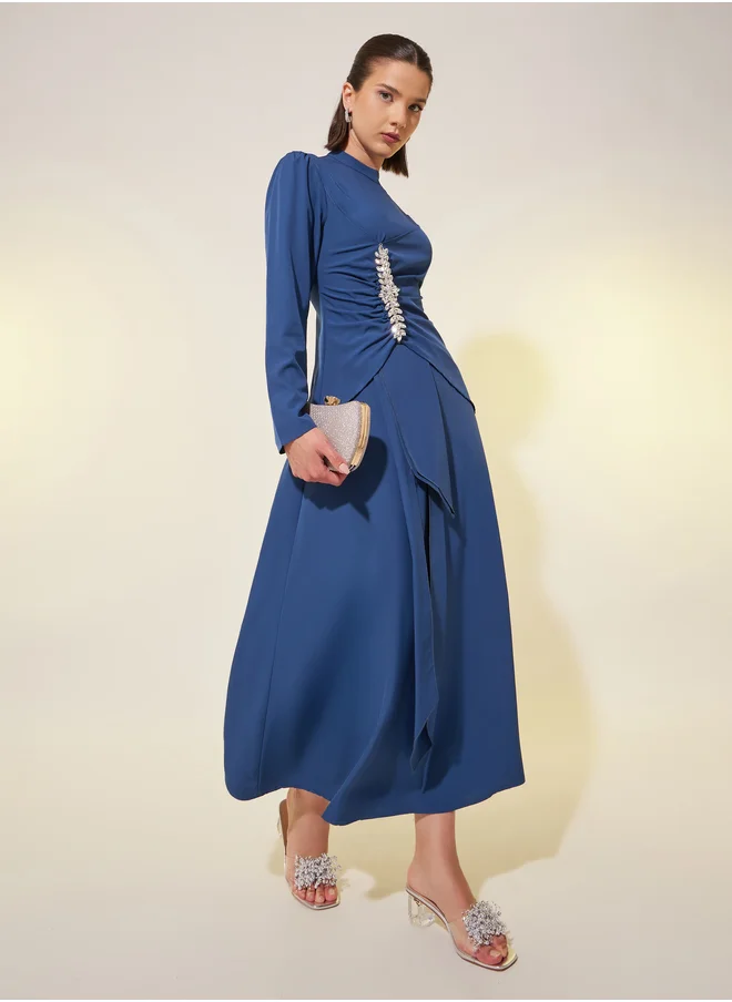 تايك تو Solid Long Sleeves A-Line Midi Dress with Embellished Detail