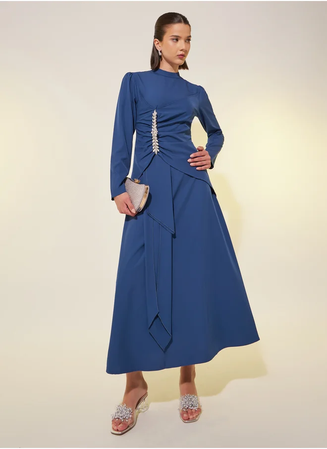 تايك تو Solid Long Sleeves A-Line Midi Dress with Embellished Detail