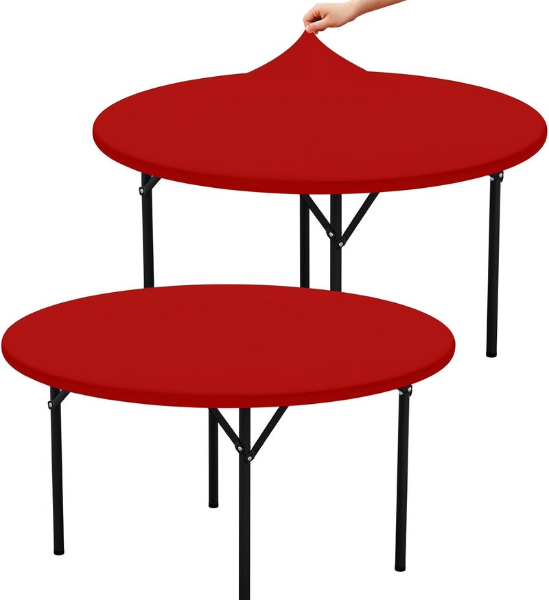 misaya 2 Packs Round Spandex Tablecloths, Stretch Elastic Tablecloth Cover Fitted for 36"-44" Round Tables, Waterproof Polyester Washable Table Cloth for Dining, Party, Outdoor and Indoor, Red - Image 1