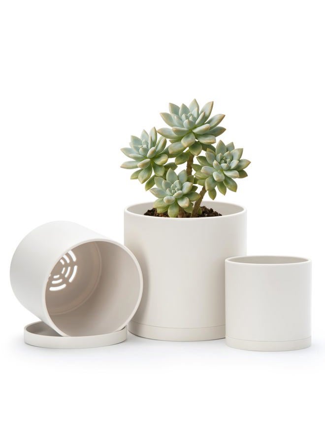 D'vine Dev 4 Inch 5 Inch 6 Inch, Set of 3 Plastic Planter Pots for Plants with Drainage Hole and Seamless Saucers, Oatmeal, Small, 74-V-H-1 - Image 1