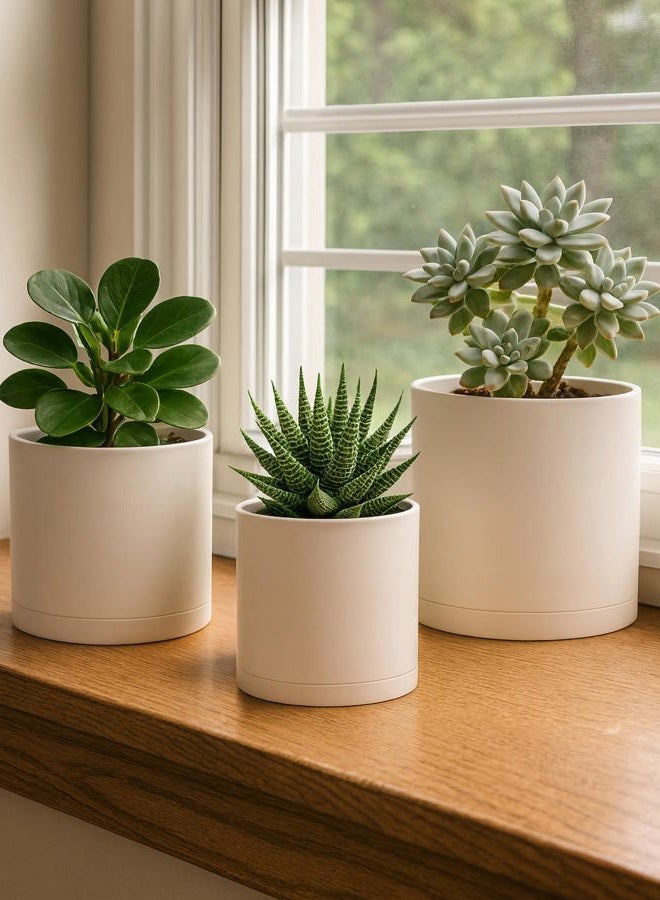 D'vine Dev 4 Inch 5 Inch 6 Inch, Set of 3 Plastic Planter Pots for Plants with Drainage Hole and Seamless Saucers, Oatmeal, Small, 74-V-H-1 - Image 2