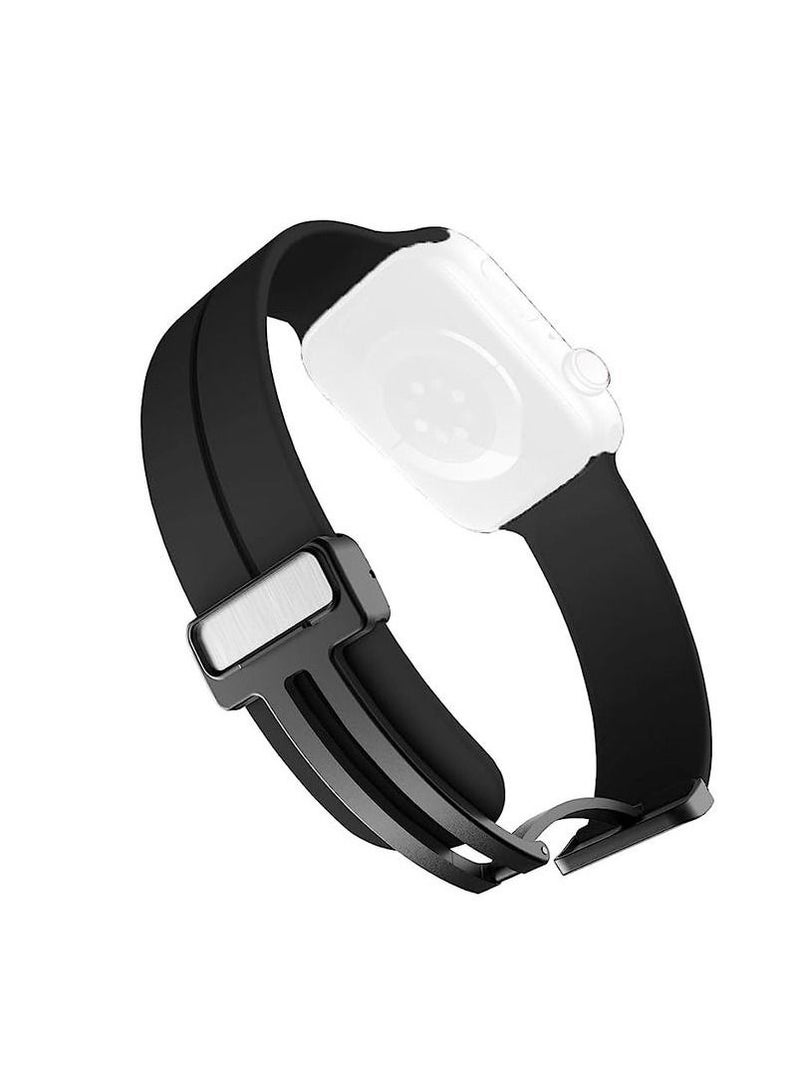 سوار ساعة ابل  45 ملم ، سوار معصم رياضي بديل من السيليكون بمشبك  مغناطيسى على شكل حرف دى لساعة ابل 45 مللى سلسلة  7/8-   اسود - Image 3