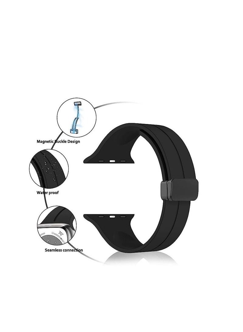 سوار ساعة ابل  45 ملم ، سوار معصم رياضي بديل من السيليكون بمشبك  مغناطيسى على شكل حرف دى لساعة ابل 45 مللى سلسلة  7/8-   اسود - Image 4