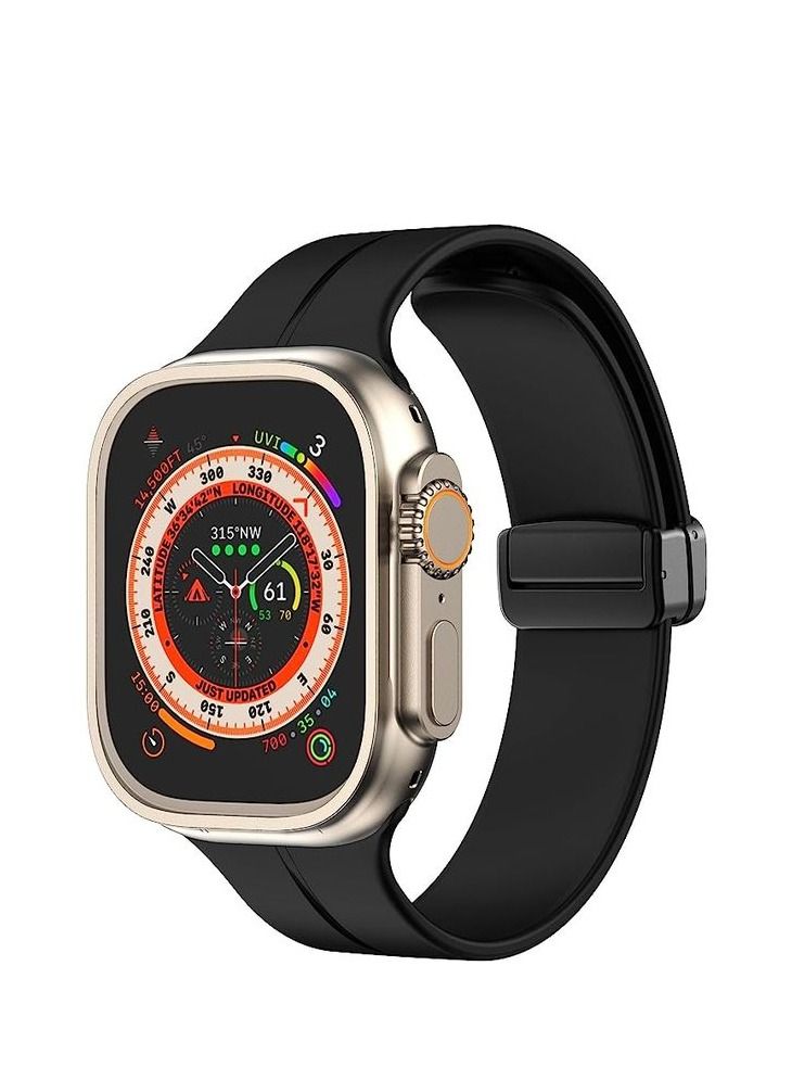 سوار ساعة ابل  45 ملم ، سوار معصم رياضي بديل من السيليكون بمشبك  مغناطيسى على شكل حرف دى لساعة ابل 45 مللى سلسلة  7/8-   اسود - Image 2