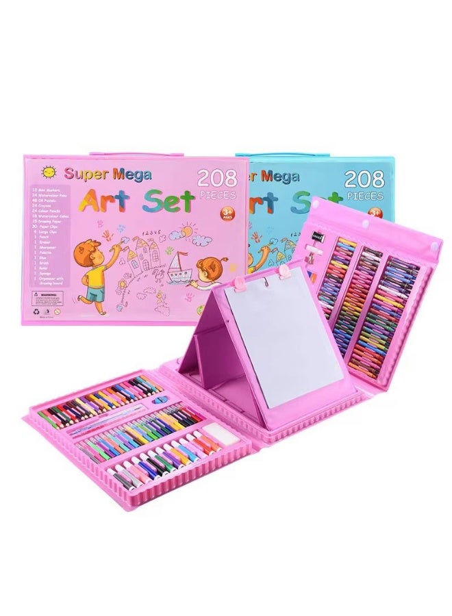زين مجموعة الفن "سوبر ميجا" من زين - 208 قطعة مع حامل رسم مدمج (لون وردي) - Image 1