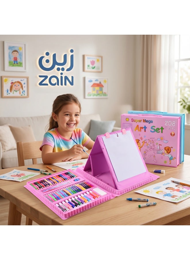 زين مجموعة الفن "سوبر ميجا" من زين - 208 قطعة مع حامل رسم مدمج (لون وردي) - Image 5