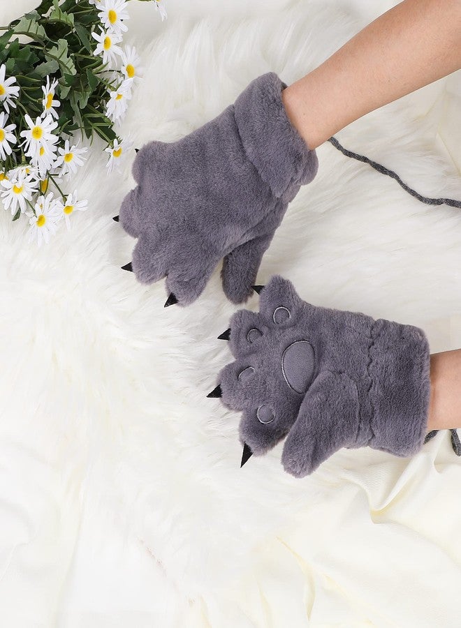 Kids Winter Gloves Cartoon Plush Paw Mittens Keep Warm Glove with Neck Rope Girls Boys Cosplay Costume Gloves (grey) - Image 2