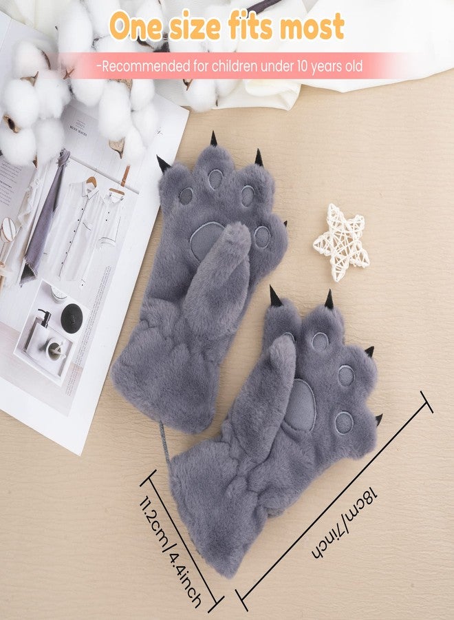 Kids Winter Gloves Cartoon Plush Paw Mittens Keep Warm Glove with Neck Rope Girls Boys Cosplay Costume Gloves (grey) - Image 3