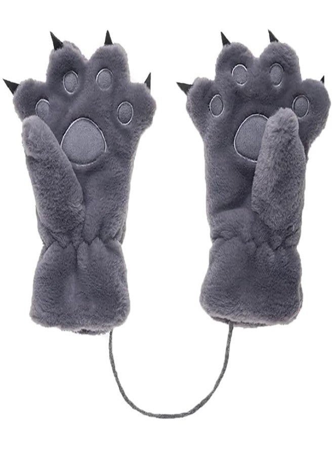 Kids Winter Gloves Cartoon Plush Paw Mittens Keep Warm Glove with Neck Rope Girls Boys Cosplay Costume Gloves (grey) - Image 1
