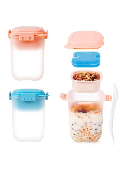 Overnight Oats Containers with lids and spoon, 2PCS Reusable Yogurt Parfait Cups with Ice Pack, Leak-proof Cereal Breakfast On The Go Cups, Large Capacity Plastic Dessert Cups (19oz Pink+Blue)