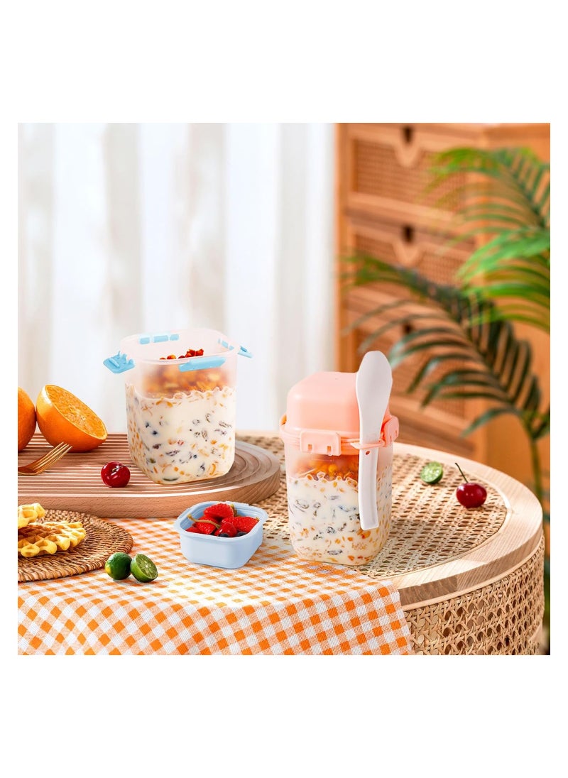 Overnight Oats Containers with lids and spoon, 2PCS Reusable Yogurt Parfait Cups with Ice Pack, Leak-proof Cereal Breakfast On The Go Cups, Large Capacity Plastic Dessert Cups (19oz Pink+Blue)