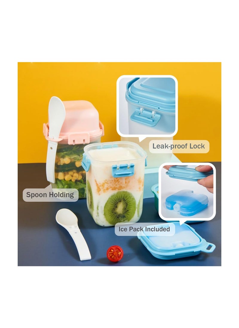 Overnight Oats Containers with lids and spoon, 2PCS Reusable Yogurt Parfait Cups with Ice Pack, Leak-proof Cereal Breakfast On The Go Cups, Large Capacity Plastic Dessert Cups (19oz Pink+Blue)
