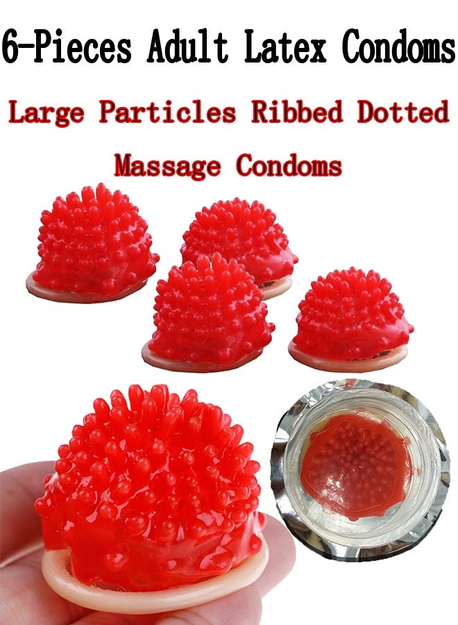 Generic 6-Pieces Adult Latex Condoms,Large Particles Ribbed Dotted Massage Condoms,Enhance Sense Stimulation Condoms,Colour Red  - Image 1