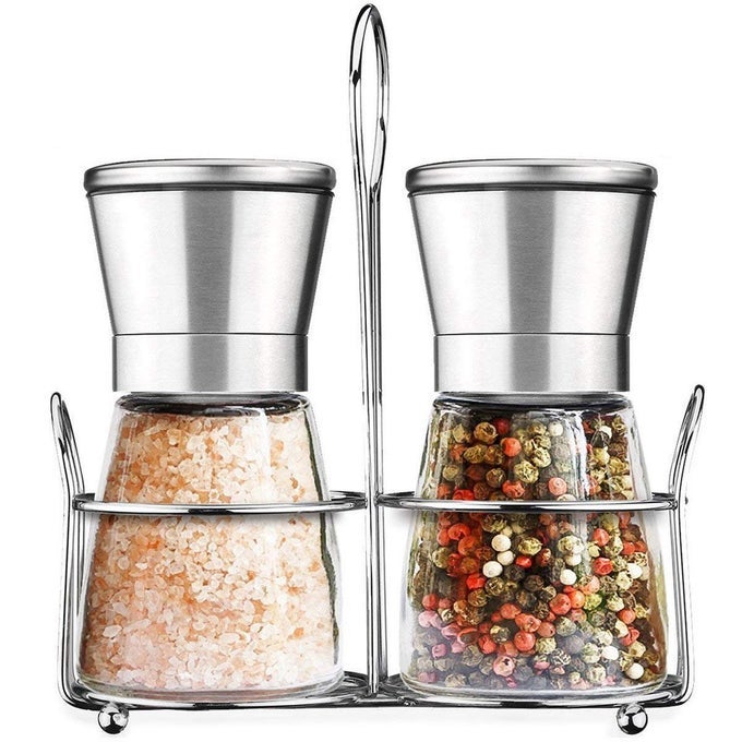 SALT AND PEPPER GRINDER SET WITH MATCHING STAND STAINLESS STEEL ADJUSTABLE COARSENESS SALT AND PEPPER MILLS SET OF 2 SILVER