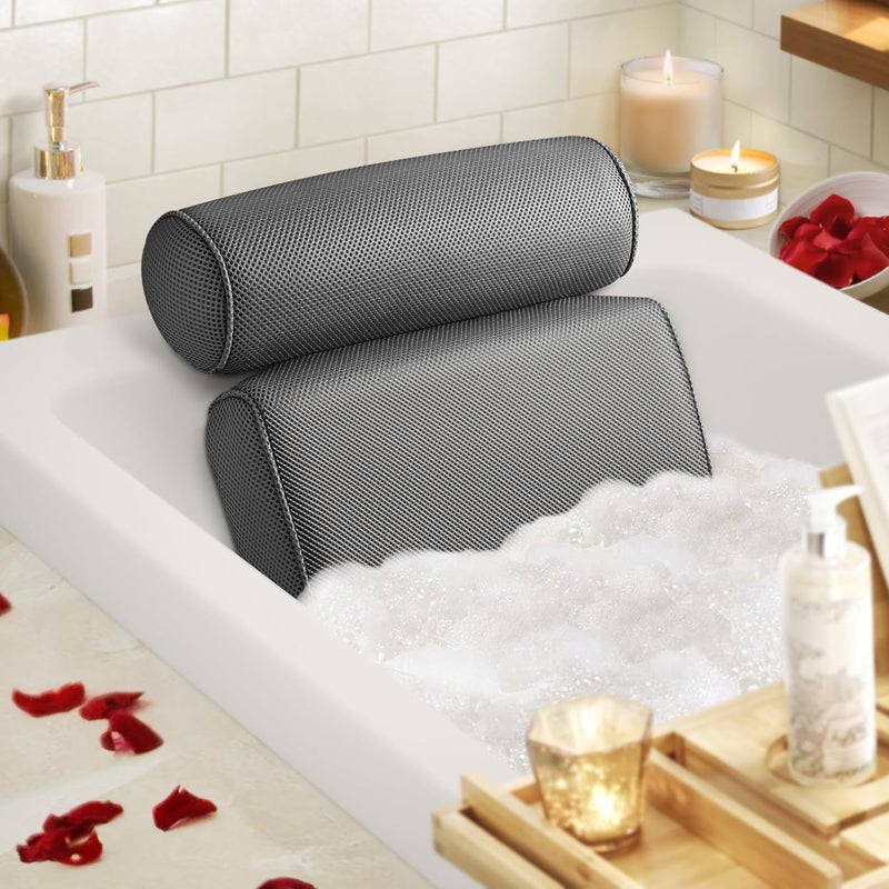LuxStep LuxStep Bath Pillow Bathtub Pillow with 6 Non-Slip Suction Cups for Head,Neck and Back Support, Extra Thick and Soft Air Mesh Spa Pillow for Bath - Fits All Bathtub, 15.35x14.56 Inch,Grey 