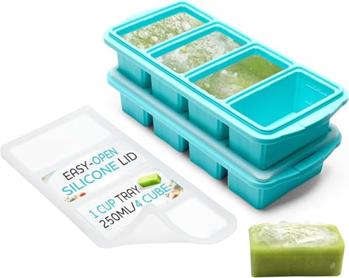 XOMOO Silicone Freezer Tray With Lid - Soup Freezer Container molds - Large Ice Cube Tray- makes 8 perfect 1 cup portions cubes, 2-Pack Freezer Storage Food Soups & Meal Prep - Oven & Dishwasher -Safe - Image 1