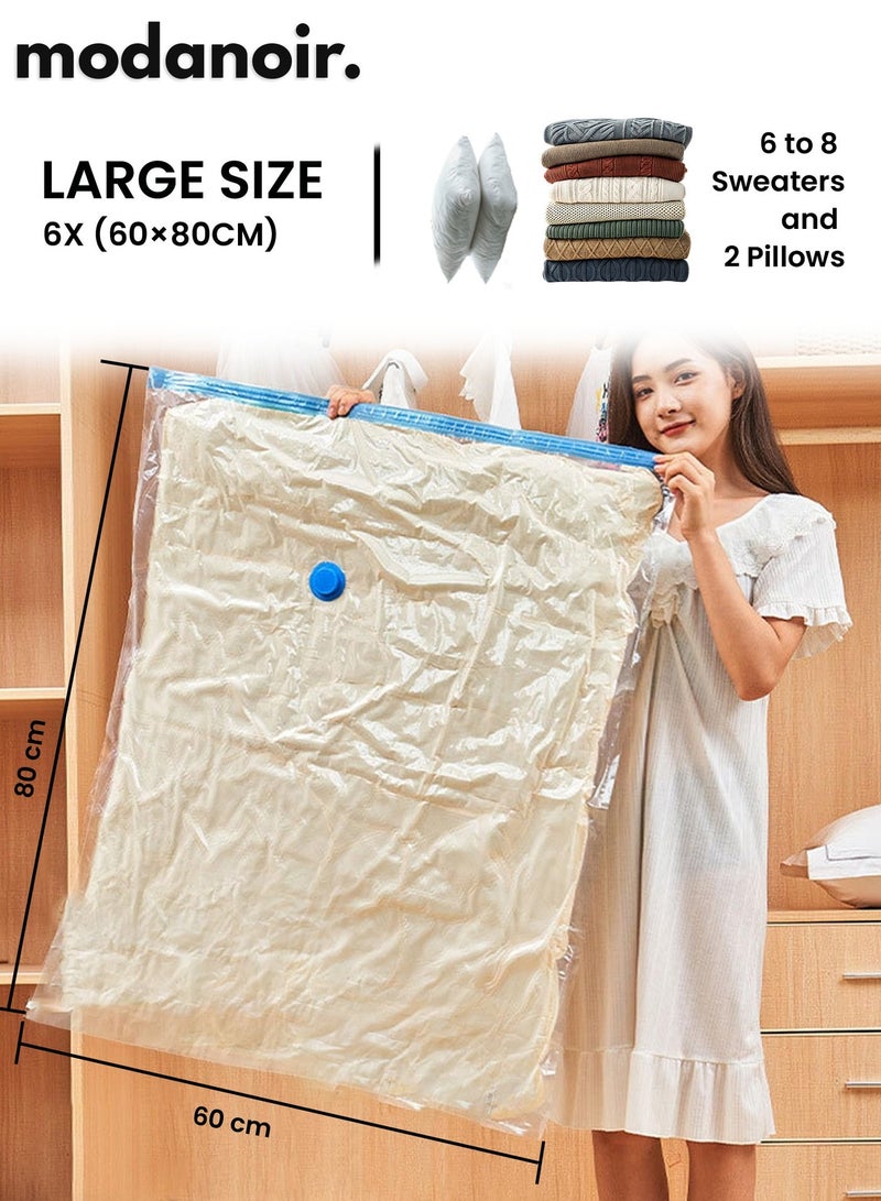 مودانوير اكياس تخزين ملابس ٦ قطعة كبيرة مع مضخة يدوية، اكياس شفط الهواء و اكياس ضغط الملابس قابلة لإعادة الاستخدام (٦٠ × ٨٠ سم)، اكياس سحب الهواء للتخزين مناسبة للملابس والألحفة والوسائد ومستلزمات سفر - Image 2