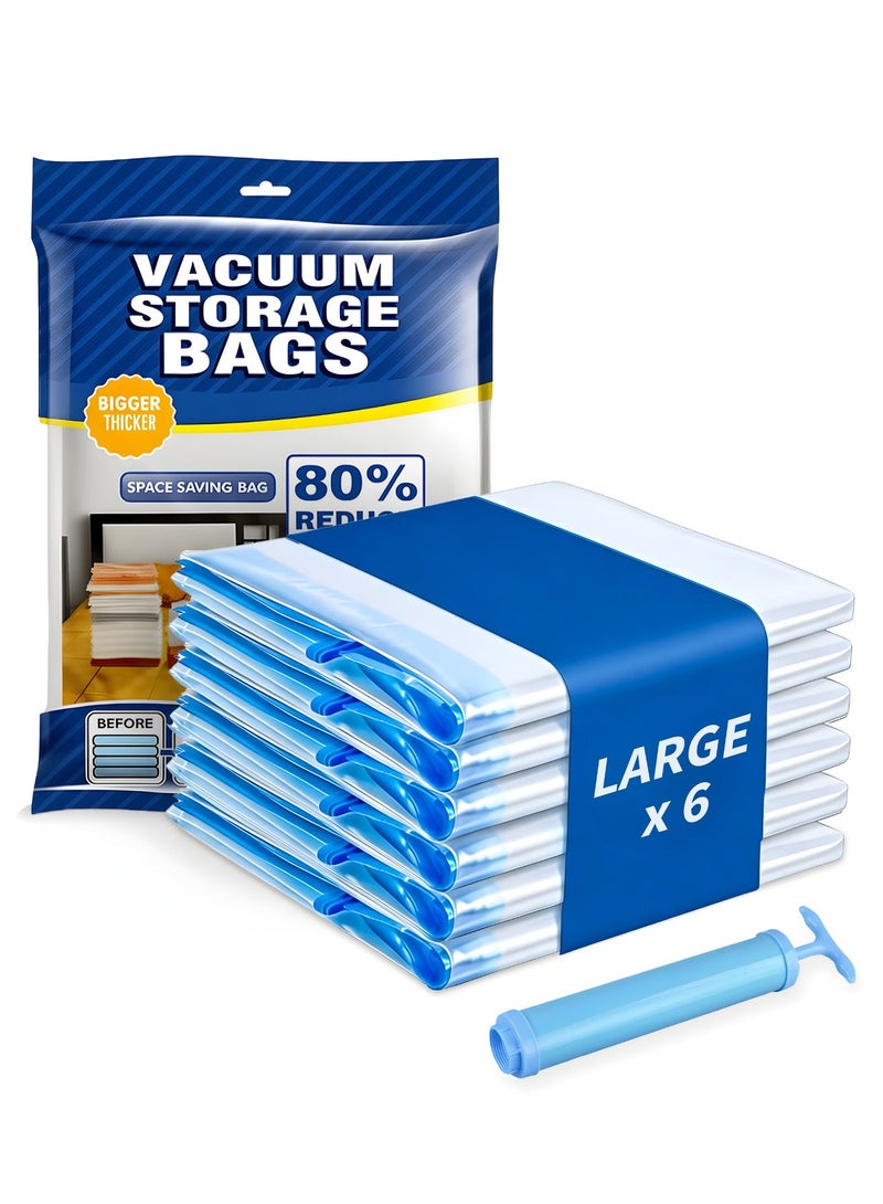 مودانوير اكياس تخزين ملابس ٦ قطعة كبيرة مع مضخة يدوية، اكياس شفط الهواء و اكياس ضغط الملابس قابلة لإعادة الاستخدام (٦٠ × ٨٠ سم)، اكياس سحب الهواء للتخزين مناسبة للملابس والألحفة والوسائد ومستلزمات سفر - Image 1