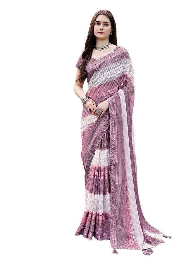 Satrani Women's Weightless Georgette Woven Zari Hot Fixing Printed Saree with Unstitched Blouse Piece (3493S312N_Dusty Purple & Rose Pink & White) - Image 1