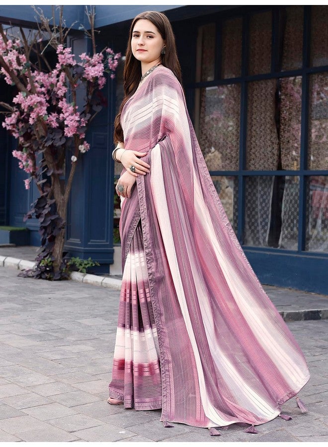 Satrani Women's Weightless Georgette Woven Zari Hot Fixing Printed Saree with Unstitched Blouse Piece (3493S312N_Dusty Purple & Rose Pink & White) - Image 2