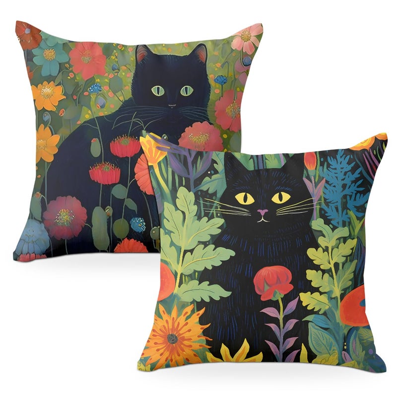 2 PCs Pillow Covers 18x18 Garden Cat Throw Pillow Covers Cat Decor for Cat Lovers Pillow Cases Cat Lover Gifts Decorative Pillow Protectors Living Room Nursery Office Home Decor for Cushion Car Bed
