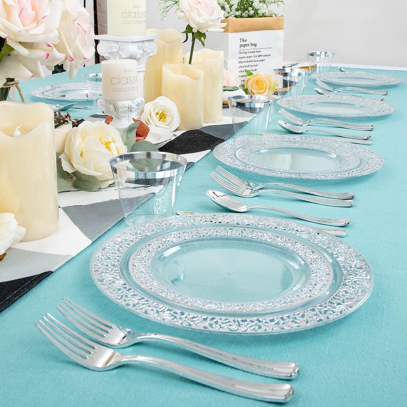 I00000 96pcs Silver Plastic Plates  Clear and Silver Disposable Plates  Clear Plates with Silver Rim Include 48 Heavy Duty Dinner Plates 10.25 Inch and 48 Dessert Plates 7.5 Inch Perfect for Party - Image 5