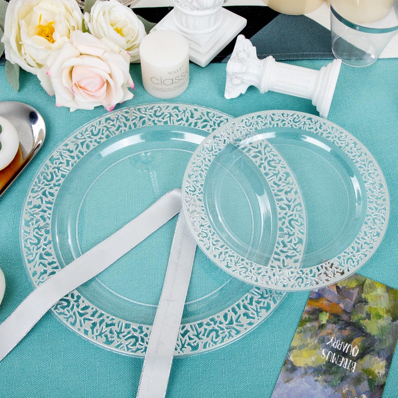 I00000 96pcs Silver Plastic Plates  Clear and Silver Disposable Plates  Clear Plates with Silver Rim Include 48 Heavy Duty Dinner Plates 10.25 Inch and 48 Dessert Plates 7.5 Inch Perfect for Party - Image 2