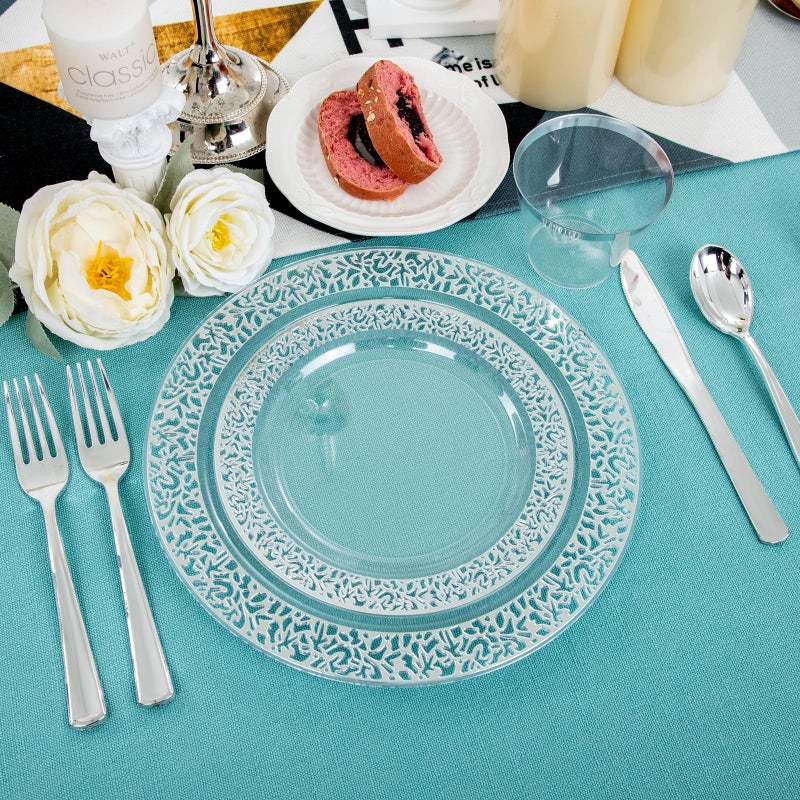 I00000 96pcs Silver Plastic Plates  Clear and Silver Disposable Plates  Clear Plates with Silver Rim Include 48 Heavy Duty Dinner Plates 10.25 Inch and 48 Dessert Plates 7.5 Inch Perfect for Party - Image 4