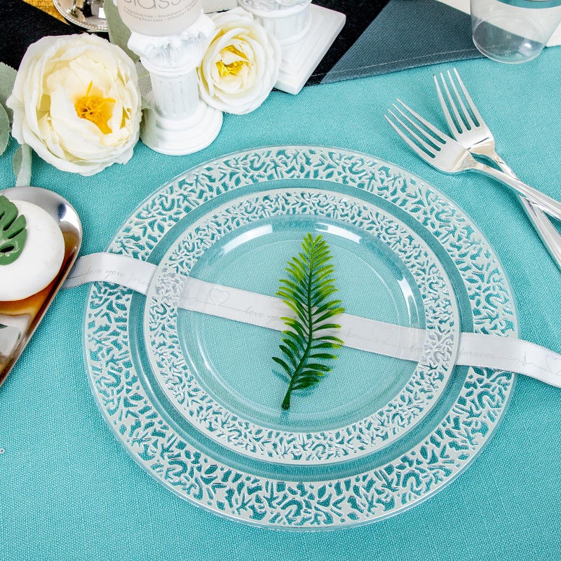 I00000 96pcs Silver Plastic Plates  Clear and Silver Disposable Plates  Clear Plates with Silver Rim Include 48 Heavy Duty Dinner Plates 10.25 Inch and 48 Dessert Plates 7.5 Inch Perfect for Party - Image 3