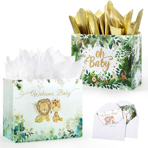 YANGTE 2 Pack 13" Large Baby Gift Bag for Baby Shower, Reusable Non-Woven Baby Gift Wrap Bags with Tissue Paper and Greeting Card for Boy and Girl Baby Shower Party - Image 1