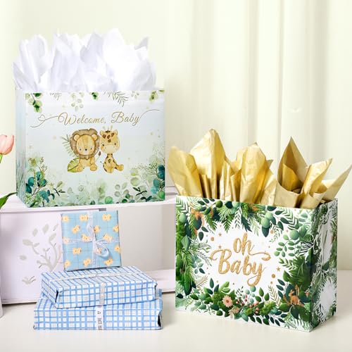 YANGTE 2 Pack 13" Large Baby Gift Bag for Baby Shower, Reusable Non-Woven Baby Gift Wrap Bags with Tissue Paper and Greeting Card for Boy and Girl Baby Shower Party - Image 4