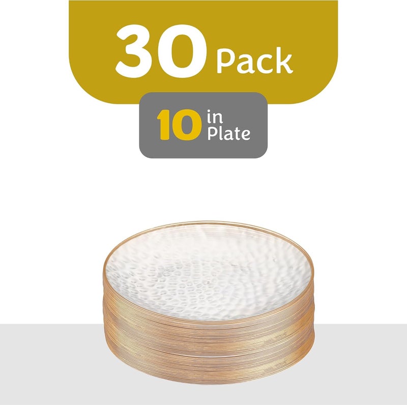 PLASTICPRO 30 Pack Hammered Plastic Plates Heavyweight Disposable Plastic Plates Elegant Clear Hammered Rim Platsic Party Dishes (Hammered Clear With Gold Rim, 10'' INCH PLATES) - Image 4