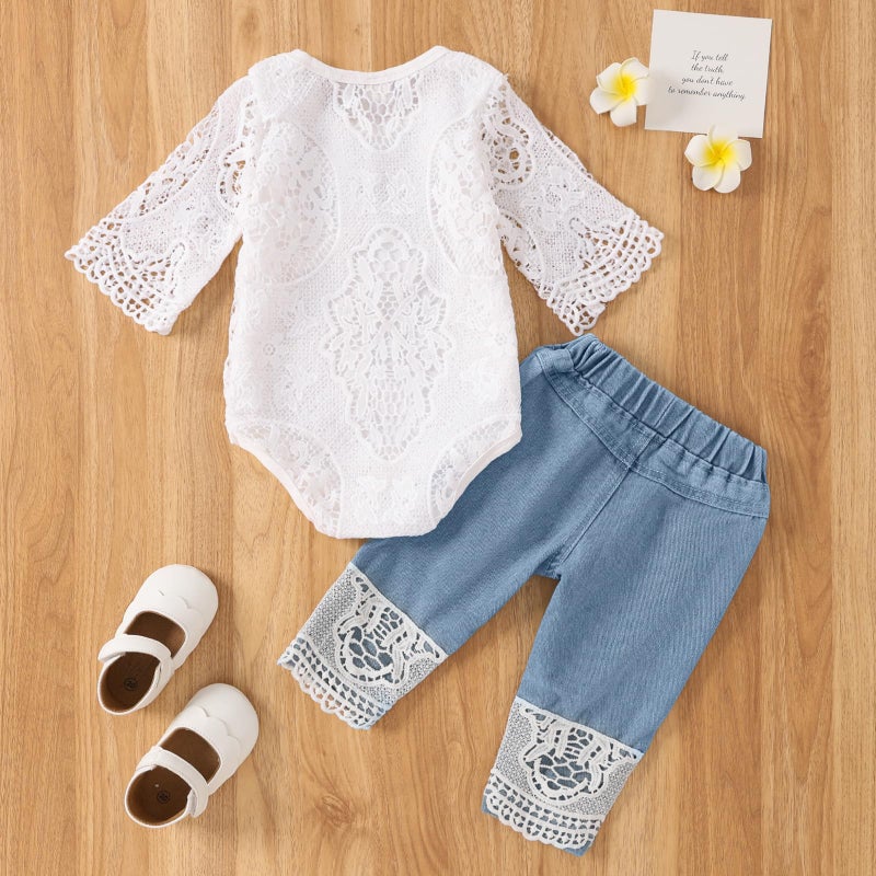 Yvowming Baby Girl Clothes Outfits Toddler Infant Baby Romper Top+Jeans Clothing Set (White, 12-18 Months) - Image 3