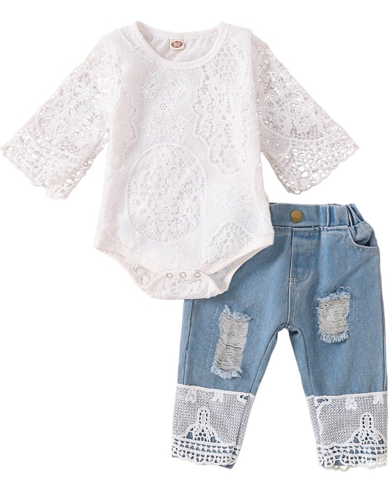 Yvowming Baby Girl Clothes Outfits Toddler Infant Baby Romper Top+Jeans Clothing Set (White, 12-18 Months) - Image 1