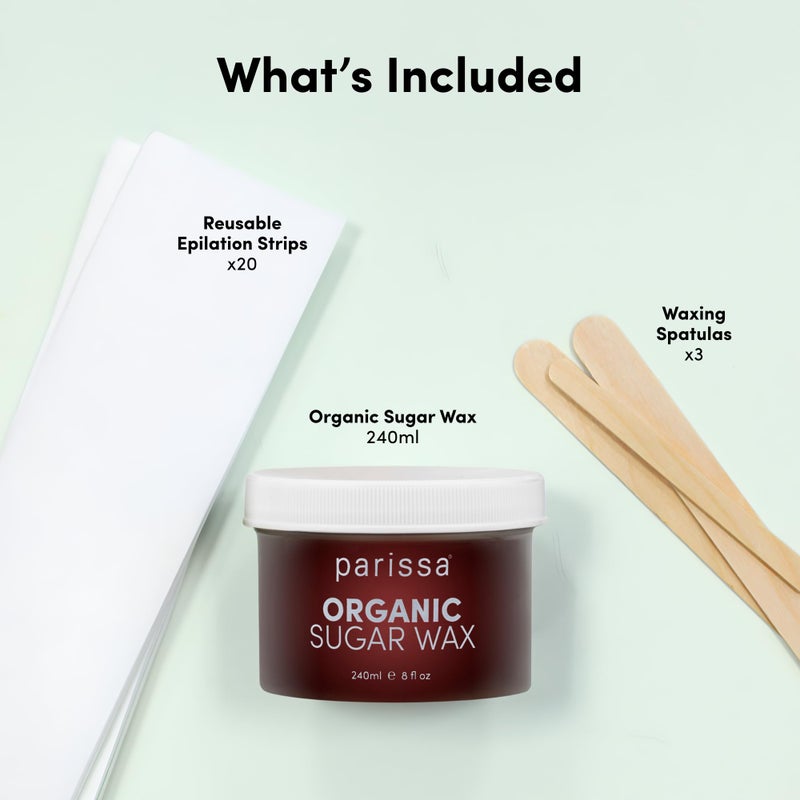 Parissa Organic Sugar Wax Kit for Legs & Body | USDA Certified, Vegan, Hypoallergenic, Microwavable & Water-Washable | Gentle & Beginner-Friendly | 30 Reusable Strips, 3 Spatulas, 240ml (8 Fl Oz) Wax - Image 3