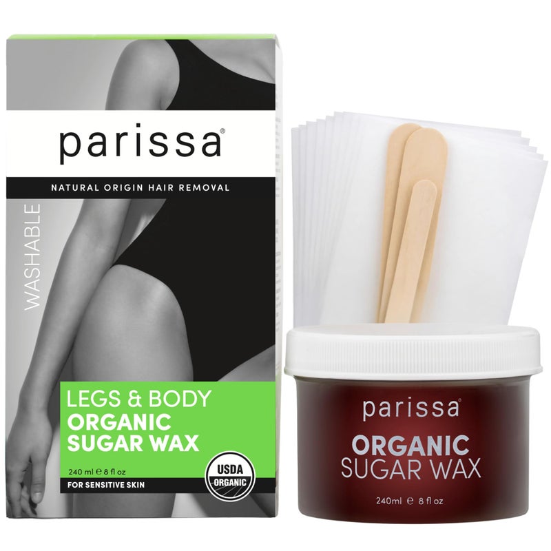 Parissa Organic Sugar Wax Kit for Legs & Body | USDA Certified, Vegan, Hypoallergenic, Microwavable & Water-Washable | Gentle & Beginner-Friendly | 30 Reusable Strips, 3 Spatulas, 240ml (8 Fl Oz) Wax - Image 1