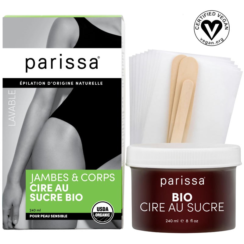 Parissa Organic Sugar Wax Kit for Legs & Body | USDA Certified, Vegan, Hypoallergenic, Microwavable & Water-Washable | Gentle & Beginner-Friendly | 30 Reusable Strips, 3 Spatulas, 240ml (8 Fl Oz) Wax - Image 2