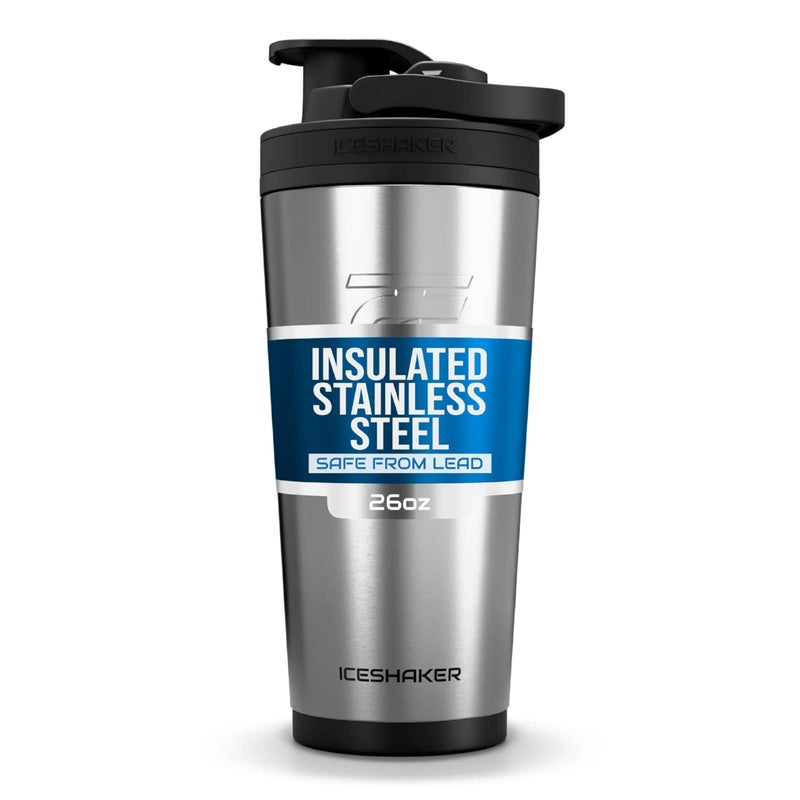 Ice Shaker زجاجة هزازة معزولة من الفولاذ المقاوم للصدأ | 26 أونصة، فولاذ مقاوم للصدأ | باردة لمدة 30+ ساعة | كوب معزول مع محرك دوار | زجاجة خالية من الروائح لخلطات البروتين، الماء، الكوكتيلات - Image 1