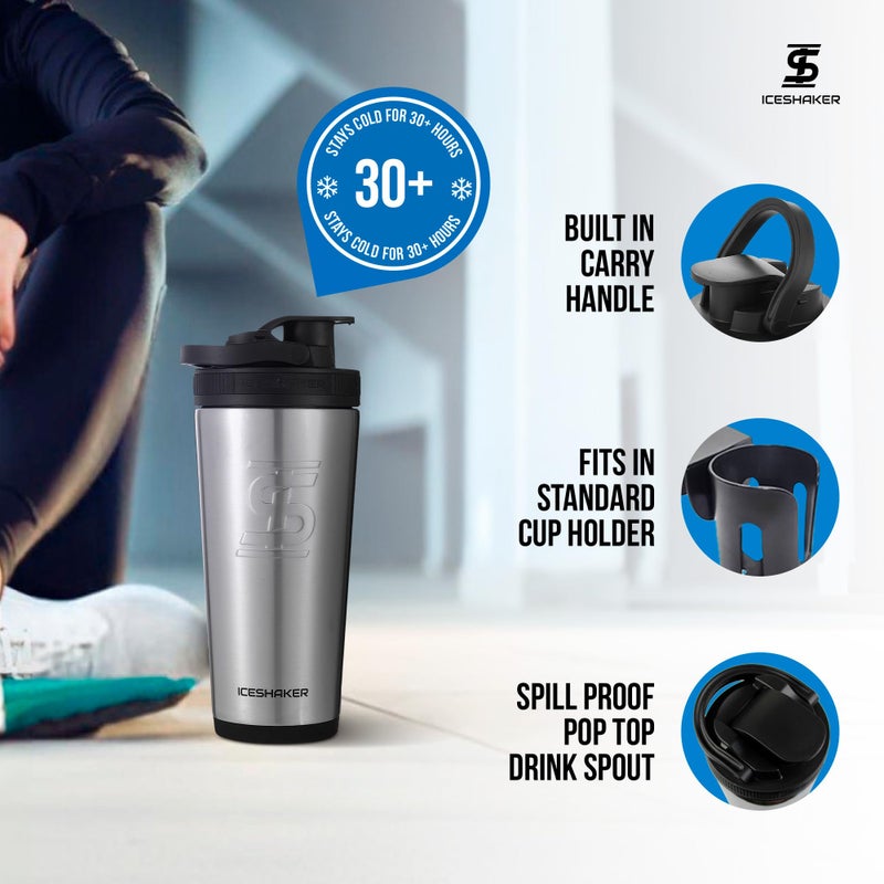 Ice Shaker زجاجة هزازة معزولة من الفولاذ المقاوم للصدأ | 26 أونصة، فولاذ مقاوم للصدأ | باردة لمدة 30+ ساعة | كوب معزول مع محرك دوار | زجاجة خالية من الروائح لخلطات البروتين، الماء، الكوكتيلات - Image 3