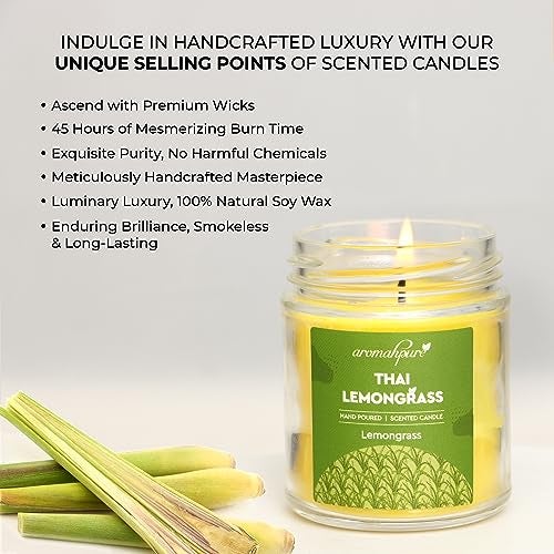 Aromahpure Scented Candle (45 hrs) (100% Soy Wax)- Handcrafted | Smoke-Free | Thai Lemongrass- Lemongrass Fragrance Candles for Home & Gift Sets - Image 5