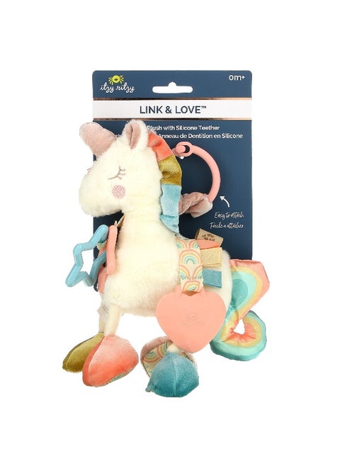 itzy ritzy, Link & Love, Activity Plush with Silicone Teether, 0+ Months, Unicorn, 1 Teether