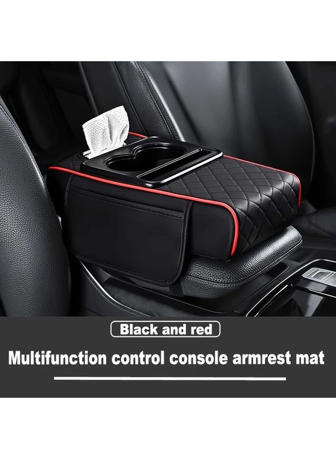 Quilted Faux Leather Car Armrest Pad With Cup Holder And Storage Pockets Black And Red - Image 4