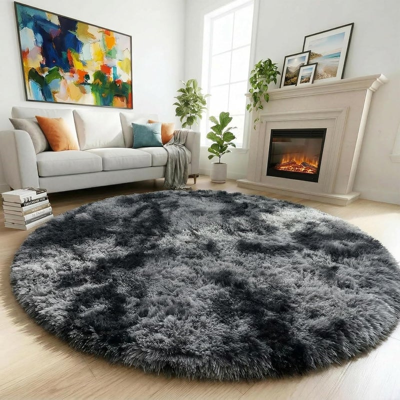 Amdrebio Round Living Room Rug 213 cm Soft Thick Large Shaggy Fluffy Plush Carpet for Men and Boys Modern Cool for Bedroom Kids Room Dyed Dark Grey - Image 1