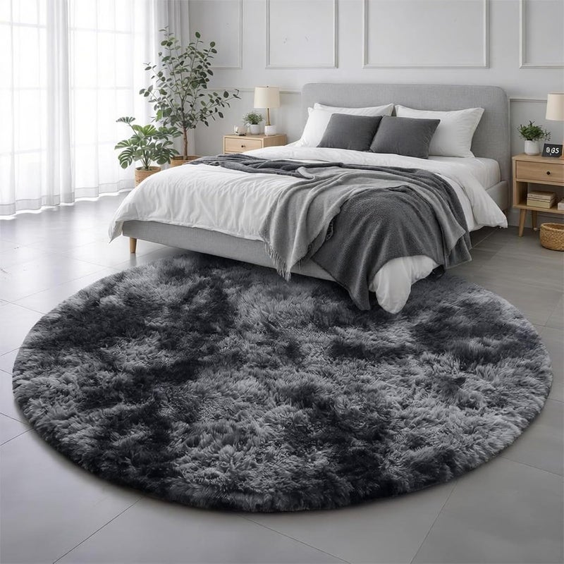 Amdrebio Round Living Room Rug 213 cm Soft Thick Large Shaggy Fluffy Plush Carpet for Men and Boys Modern Cool for Bedroom Kids Room Dyed Dark Grey - Image 3