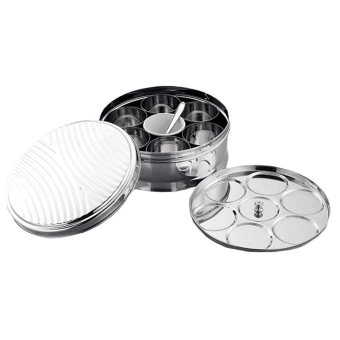 STAINLESS STEEL KITCHEN STORAGE SPICE TIN SET DESIGNER LID WITH SEVEN BOWLS 275 ML EACH LARGE DST3