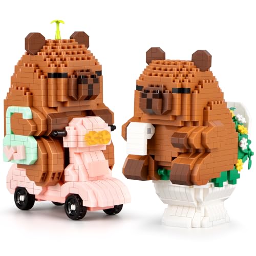 IBLOTIME Capybara Animal Building Set with Two Funny Scenes Micro Mini Capybara Building Set with Motorcycle and Bathroom Pose Capybara Gifts for Teens 14 and Adults Display Desk Decor - Image 1