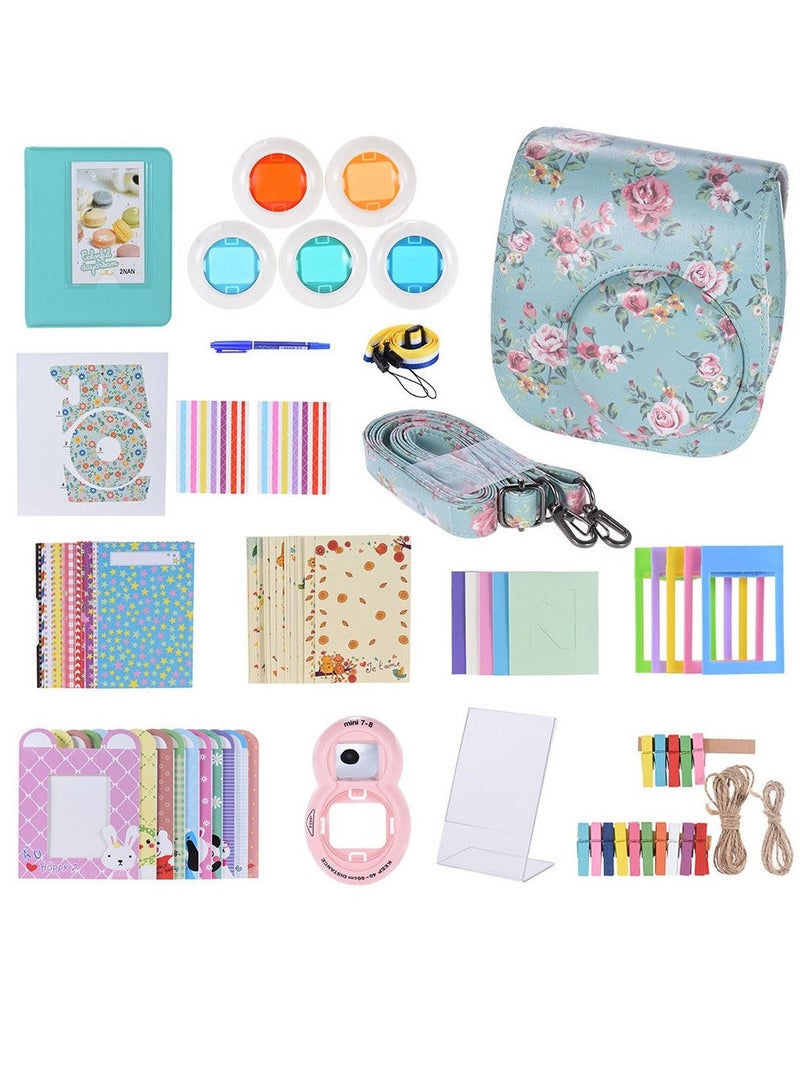 مجموعة ملحقات الكاميرا 14 في 1 من بلو فلاورز ، حقيبة الكاميرا ، ألبوم الصور ، حزم ملصقات الكاميرا ذات العدسة السيلفي متوافقة مع Fujifilm Instax Mini 8/8 + / 8s / 9 مع مرشح الكاميرا الملون - Image 1