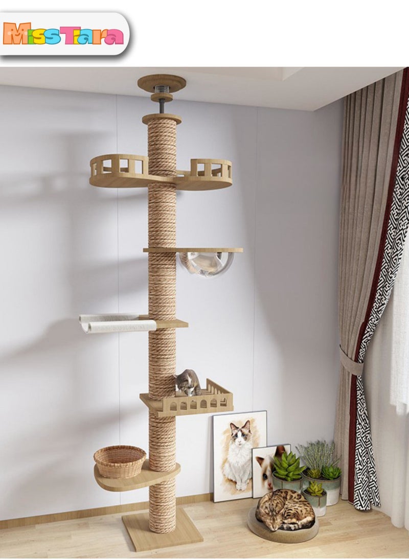 MissTiara Height adjustable Cat Scratching Activity Tree Jute Scratch Post for Large Cats, Kittens with Platform, Rubber Wood  - Image 1