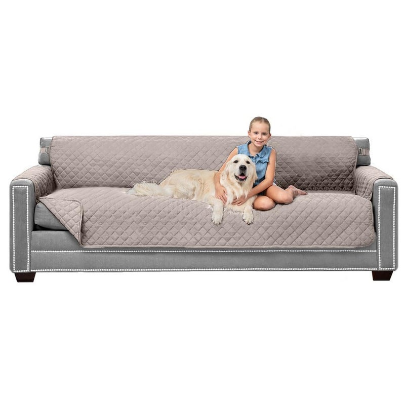 Sofa Shield Couch Slip Cover with Patented Strap Cushion Protector Reversible Stain and Dog Tear Resistant Slipcover Quilted Microfiber 88in Seat Washable Covers for Dogs Pets Kids Light Taupe