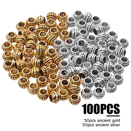 Jdesun Large Hole Barrel Spacer Beads, 100pcs 8mm Tibetan Style, Antique Silver & Gold, 4mm Hole for Jewelry Making - Image 2